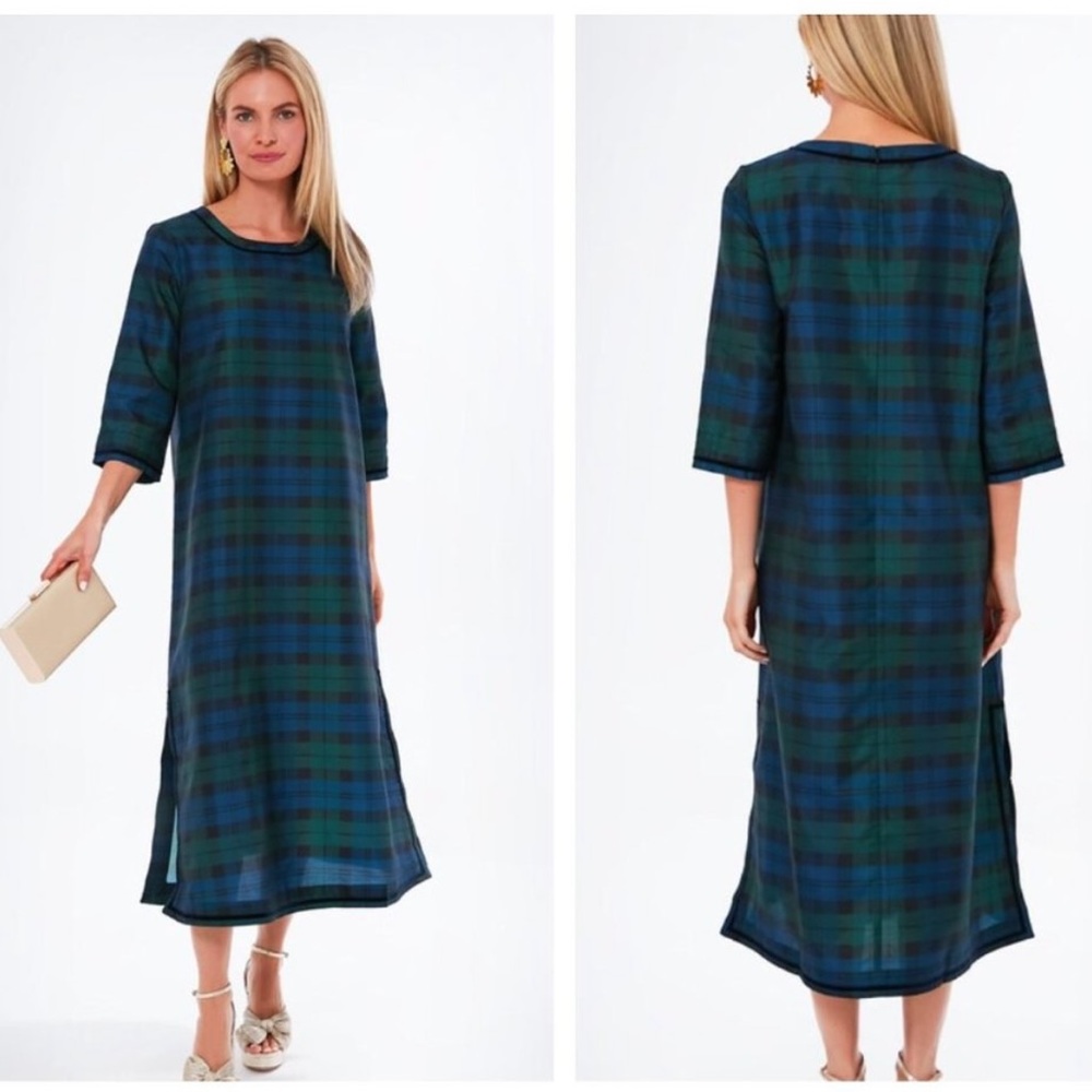 Tuckernuck | NEW Jamie Velvet Trimmed Plaid Blackwatch Midi Dress Size M